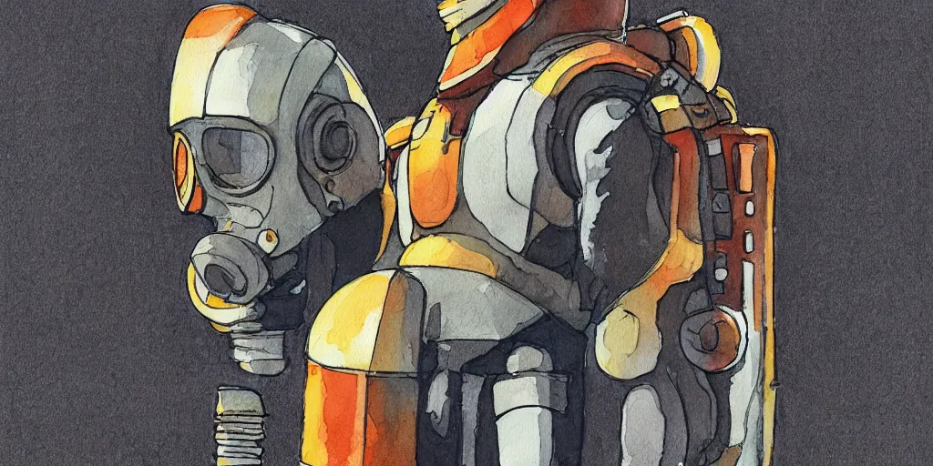 Prompt: male, full body, modern space suit, intriguing helmet, very stylized character design, the expanse tv series, large shoulders, short torso, long thin legs, tiny feet, science fiction, hyperdetailed, technical suit, dieselpunk, watercolor digital painting, in the style of mike mignola, by alex maleev, in the style of jean giraud