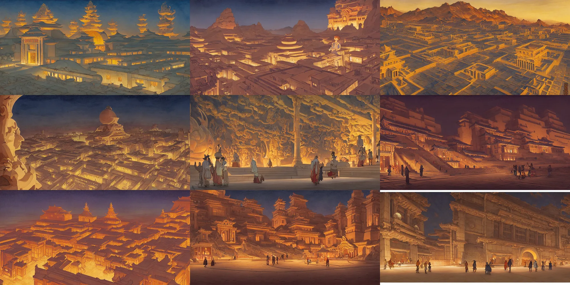 Prompt: mogao grottoes, city at night, in the style of studio ghibli, j. c. leyendecker, greg rutkowski, artem