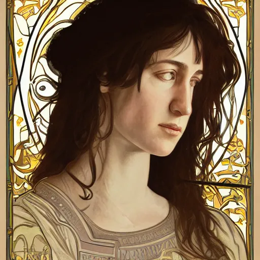 Image similar to portrait of charlotte gainsbourg as joan of arc, hyperreal digital painting, iconography influenced by alphonse mucha and eugene delacroix, arstation and deviantart trends, high resolution 8 k