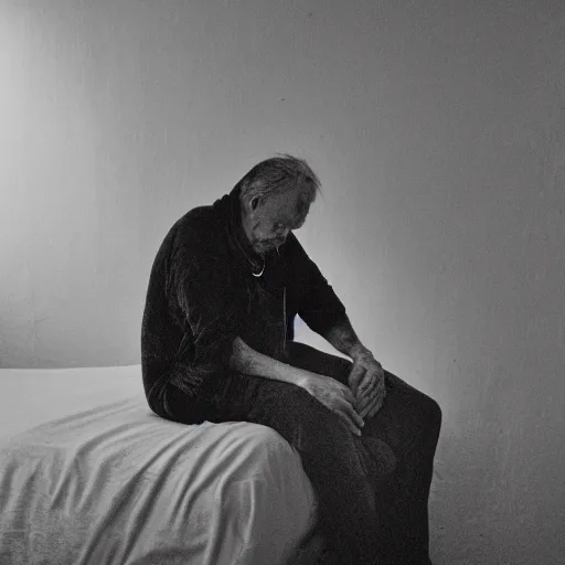 Image similar to black and white fashion photograph, highly detailed portrait of a depressed old man sitting on the edge of a messy bed, natural light, rain, mist, lomo, fashion photography, film grain, soft vignette, sigma 85mm f/1.4 1/10 sec shutter