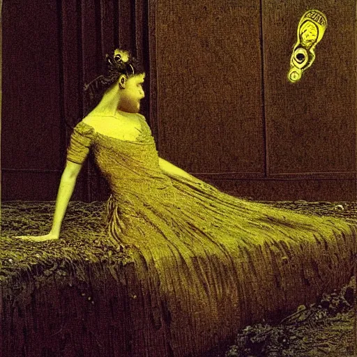 Prompt: A body art. A rip in spacetime. Did this device in her hand open a portal to another dimension or reality?! linen, lemon chiffon by John Atkinson Grimshaw chaotic, turbulent