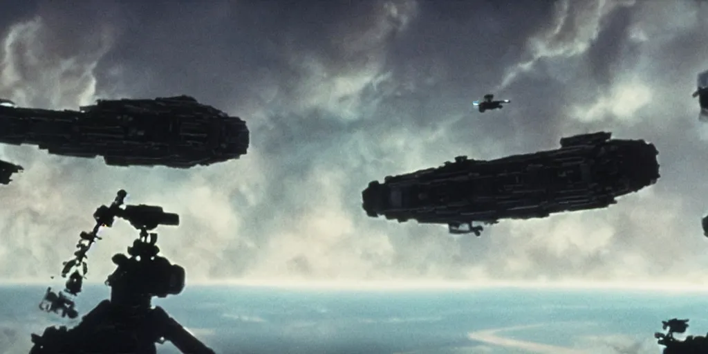 Image similar to a still from a film of a live action sci-fi battle taking place over a giant space structure far in the distance, 35mm, directed by Steven Spielberg, miniatures, ILM, very cohesive