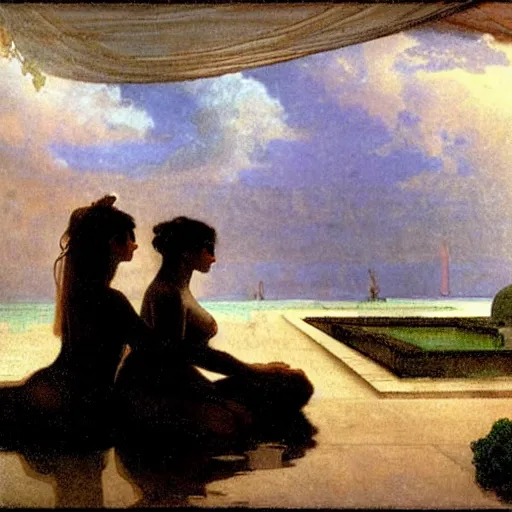 Image similar to Silhouette of two girls at the palace, thunderstorm, greek pool, beach and palm trees on the background major arcana sky, by paul delaroche, alphonse mucha and arnold böcklin arnold böcklin hyperrealistic 8k, very detailed