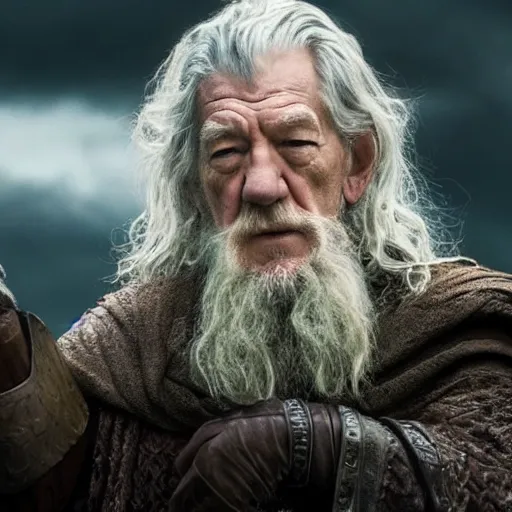 Prompt: sir ian mckellen playing odin all father from the thor movie, highly detailed, cinematic shot, cinematic lighting, 8 k, exquisit facial detail