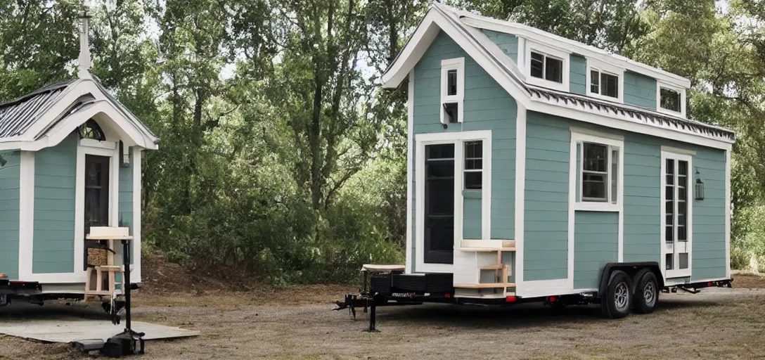 Prompt: greek - inspired tiny house on trailer. roman columns.