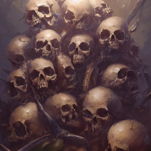 Image similar to a pile of skulls, by justin gerard and greg rutkowski, digital art, realistic painting, dnd, character design, trending on artstation