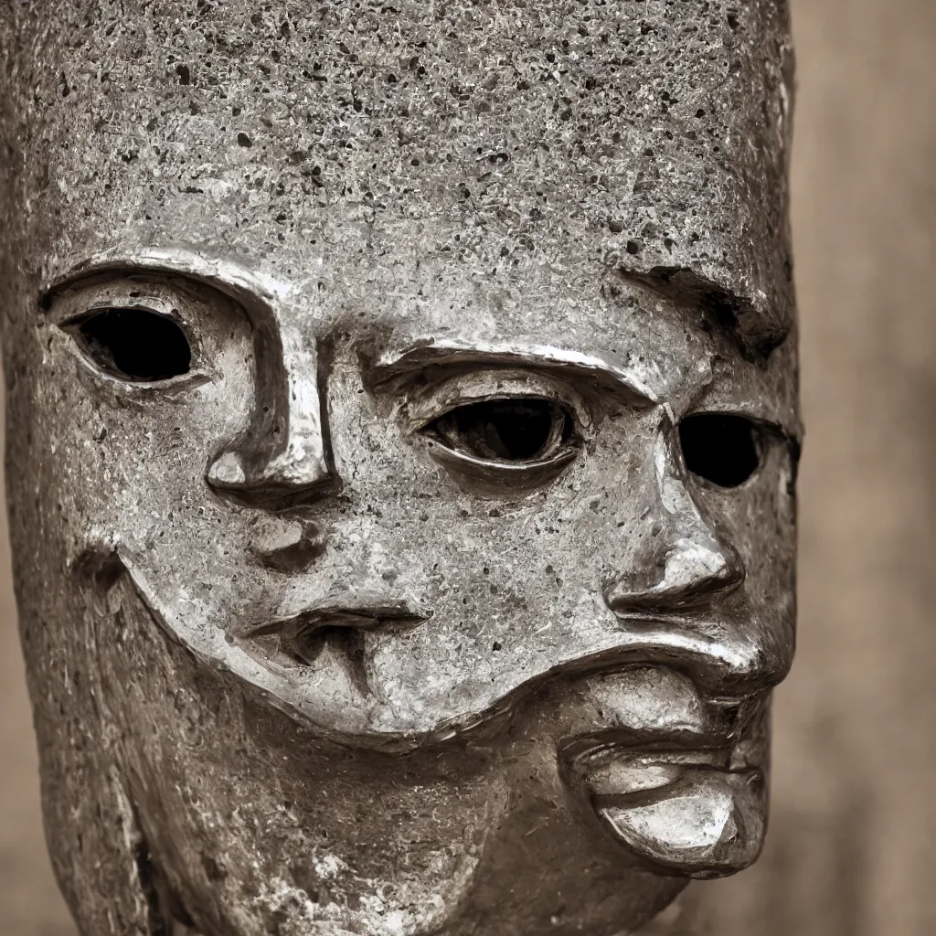 Image similar to highly detailed portrait photography steered gaze of a stern face, wearing a chrome venetian mask, in autumn, 105mm f2.8 at the Giza Pyramid