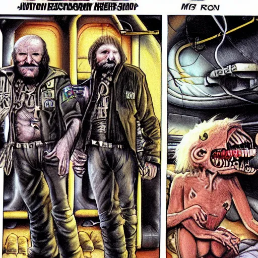 Image similar to scruffy punk starship crew in engine room of nostromo, extraterrestrials, alien 1 9 7 9, ron cobb, jim henson creature shop, mike mignogna, highly detailed, comic book, science fiction, used future