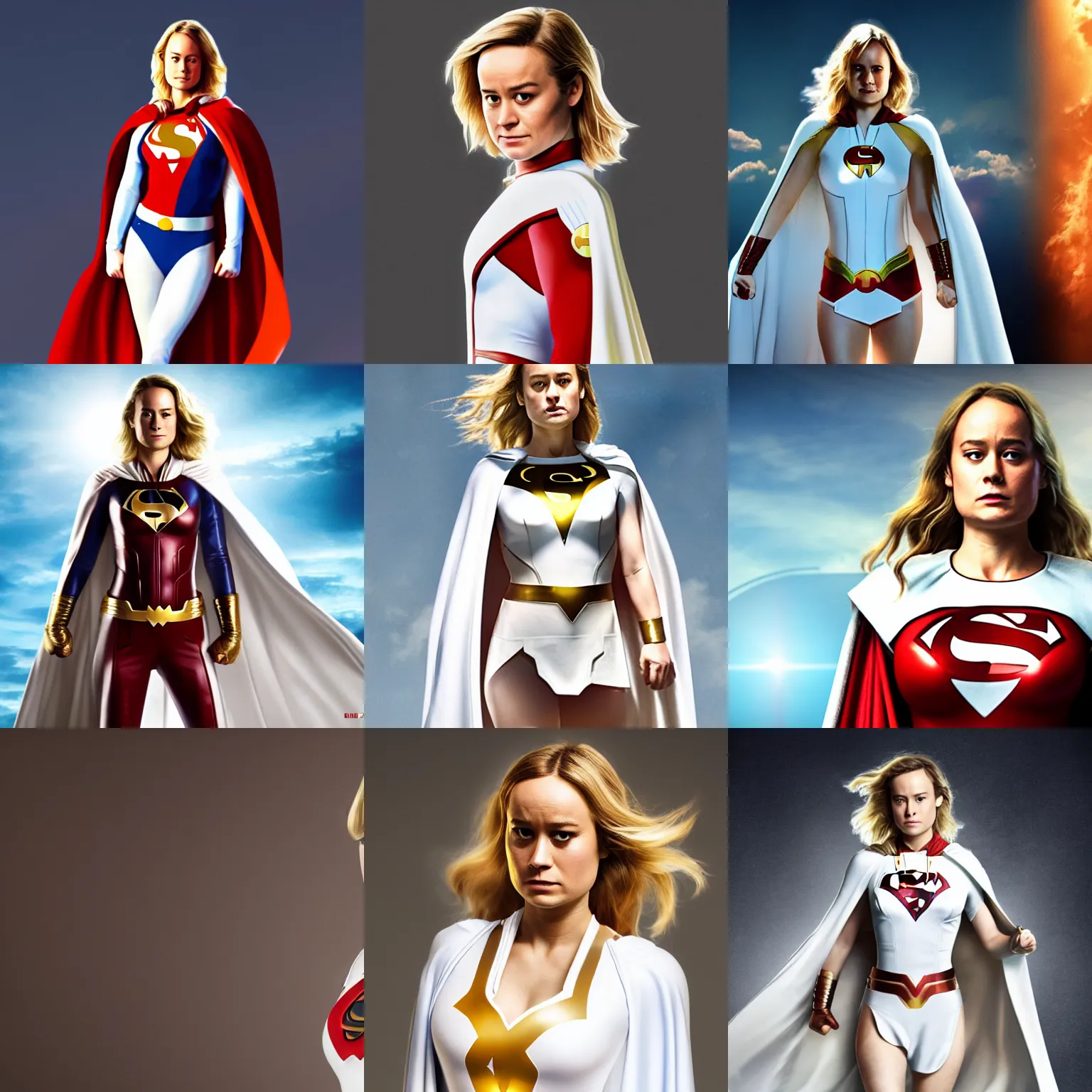 Prompt: Brie Larson as DC Comics' Power Girl, full body with white costume and cape and open chest, photo, 4k