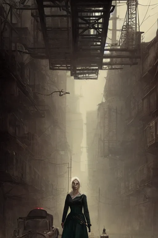 Image similar to ciri in a dark industrial soviet city, smog, atmospheric, pollution, digital art, by greg rutkowski, highly detailed, by jeremy lipking, octane render, detailed face