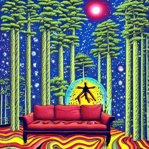 Prompt: psychedelic trippy couch pine forest, broken cowboy, planets, milky way, sofa, cartoon by rob gonsalves spruce s - 4 2