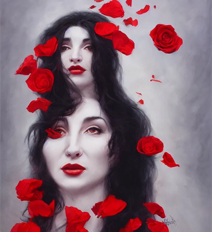 Prompt: portrait of kate bush, lush black hair, pale skin, red rose petals, flowing material, intricate, beautiful cinematic lighting, stuning painting by artgerm and ruan jia