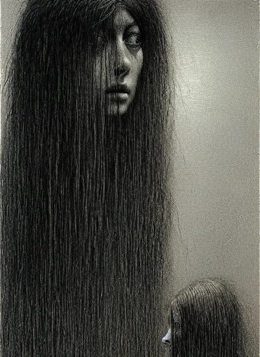 Prompt: girl with long hairs inside cage by Beksinski