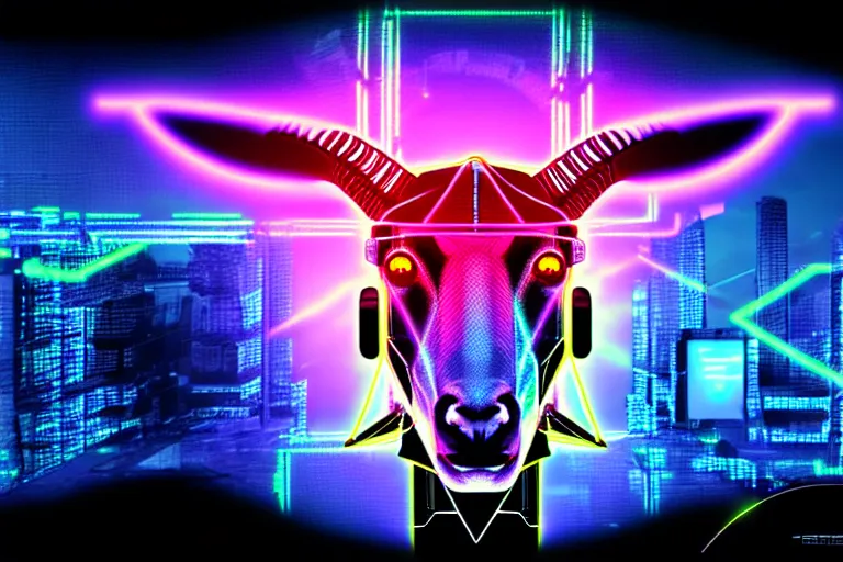 Image similar to complex cyberpunk machine background merged with evil cybernetic goat head in center focus, multicolored digital art