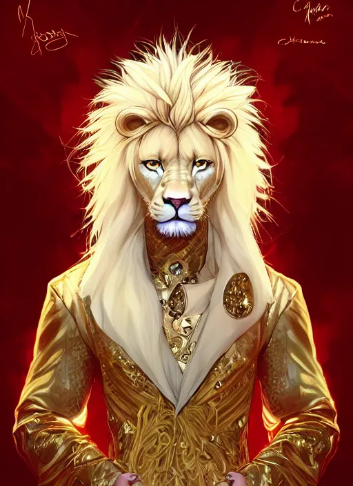 Image similar to award winning beautiful portrait commission of a male furry anthro albino lion with a beautiful hyperdetailed attractive outfit and face wearing a golden and red rockstar outfit on a stage. Character design by charlie bowater, ross tran, and makoto shinkai, detailed, inked, western comic book art