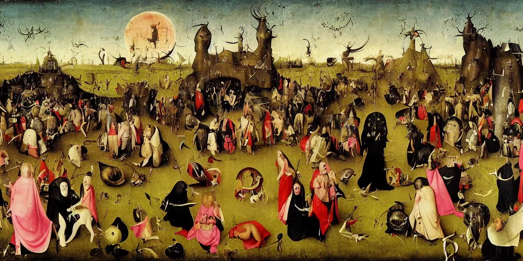 Prompt: satanic black mass in an open grassy field, pagan worshippers in robes around a statue of moloch, hieronymus bosch, extreme details, vibrant colors