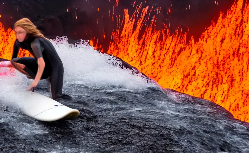 Prompt: surfing down a river of lava on the side of a volcano, action shot, dystopian, motion blur, sharp focus, imax