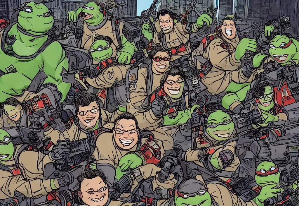 Image similar to the ghostbusters meet the ninja turtles