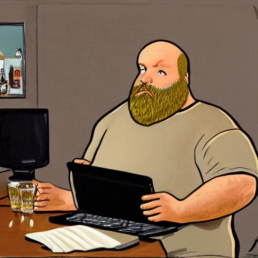 Prompt: highly detailed color painting of an extremely obese balding man with beard using a computer, which is the only light source in the room he has a huge baggy black shirt on and a pair of grey sweat pants. his screen is very large. he has a glass of whiskey in his left hand and he is using the mouse with the other