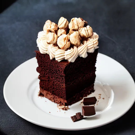 Image similar to cinematic dramatic lights movie shot of ultra realistic catalog photo of a cup full of sweet goloso pasticceria chocolate ice cream cake with a coffee - praline twist cream bigne in with rich details in luxury cup and plates