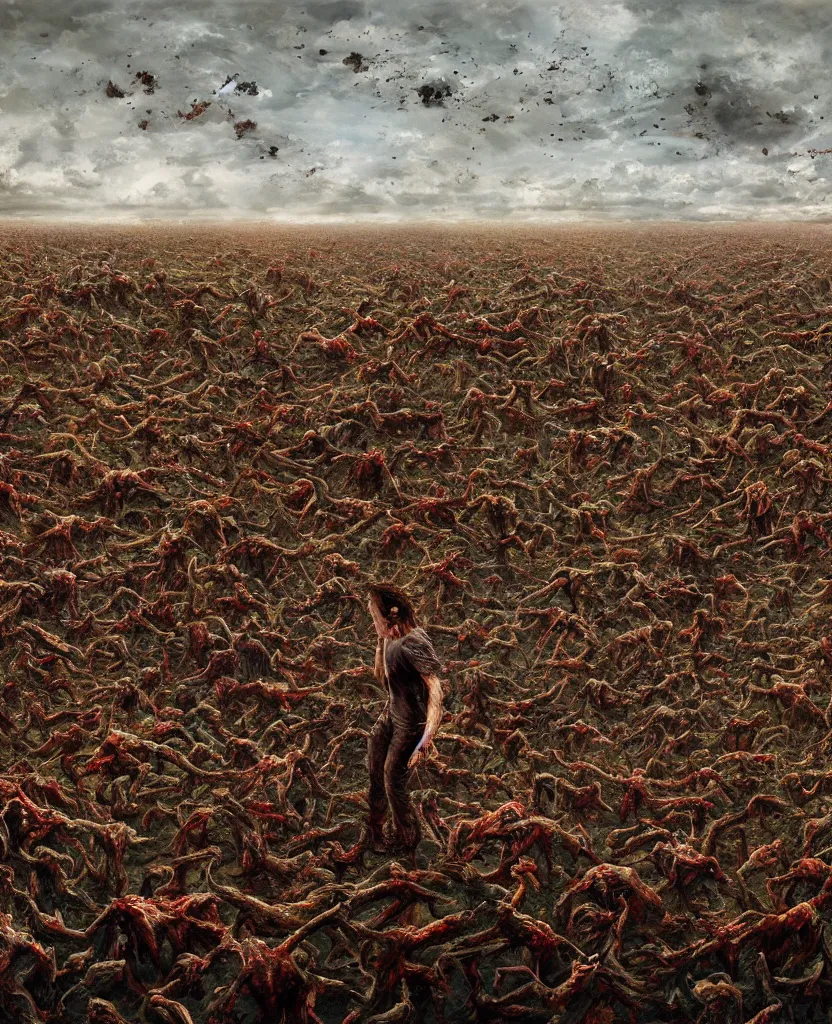 Image similar to endless field stretching to the horizon made from rotten bloody corpses of Nicolas Cage, body horror, flesh, blood, grotesque hell, highly detailed, vivid colors, dark shadows, contrast, concept art, sharp focus, digital art, Hyper-realistic, 4K, Unreal Engine, Highly Detailed, Dramatic Lighting, Beautiful, by Brom, bastien lecouffe-deharme