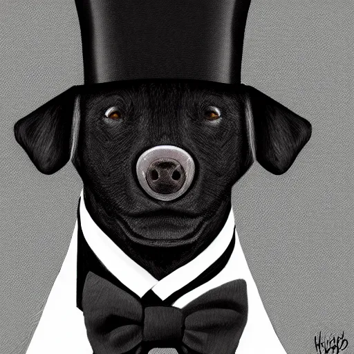 Image similar to portrait of a black dog wearing a suit and a top hat and a monocle on one eye, digital painting, duotone