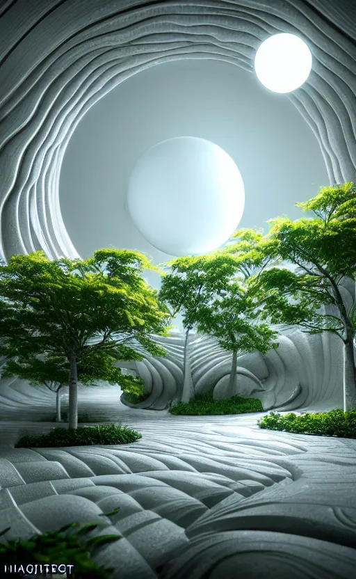 Image similar to highly detailed ultra sharp 3 d render cinematic composition of a smooth ceramic porcelain magnolia stone white fluid fractal sci - fi surreal architecture landscape, marble, magnesium, vining foliage blooms, archviz, vincent callebaut composition, mamou - mani, beautiful lighting, 8 k, unreal engine, hdr, dof