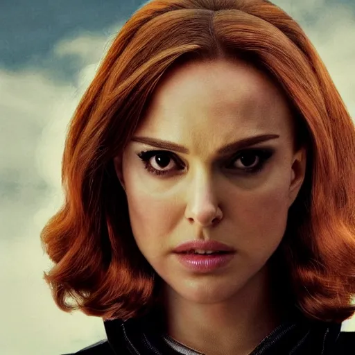 Image similar to Natalie Portman as Natasha Romanoff (The Black Widow), dramatic cinematic portrait, rain