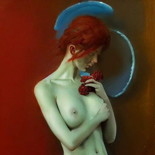 Image similar to a beautiful woman bathed in blue light and standing in a burgundy room looking vacant by arcimboldo, david lynch, greg rutkowski, trending on artstation