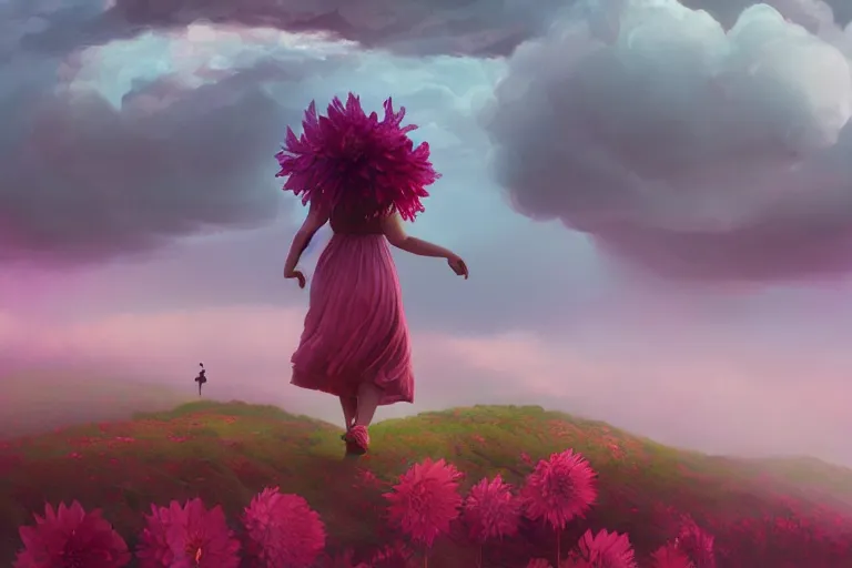 Image similar to giant dahlia flower, on head, girl walking on mountain, surreal photography, pink storm clouds, dramatic light, impressionist painting, digital painting, artstation, simon stalenhag