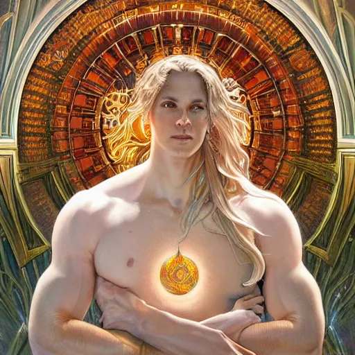 Image similar to portrait of nick bostrom as a heavenly god, full body, muscular, fantasy, intricate, elegant, highly detailed, digital painting, artstation, concept art, matte painting, sharp focus, illustration, art by artgerm and greg rutkowski and alphonse mucha