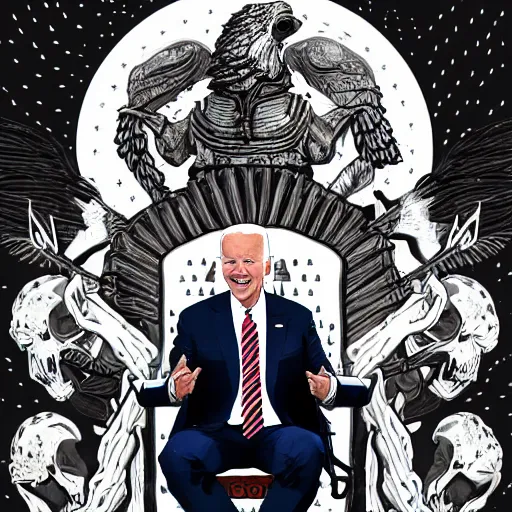 Image similar to Joe Biden sitting on a throne of skulls, digital painting