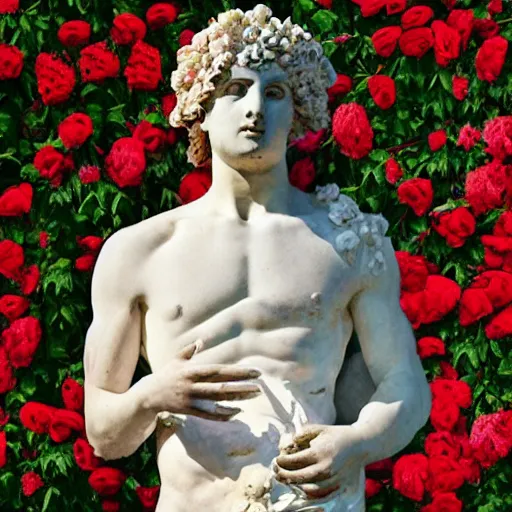 Image similar to portrait of a greek statue covered in roses, by julia pott