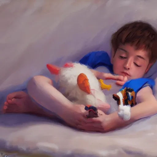 Prompt: oil painting of a boy lying on his bed holding his favourite toys at night, artstation, Detail, HD