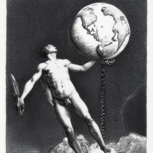 Image similar to a painting by Gustave Doré of atlas holding the earth on his back