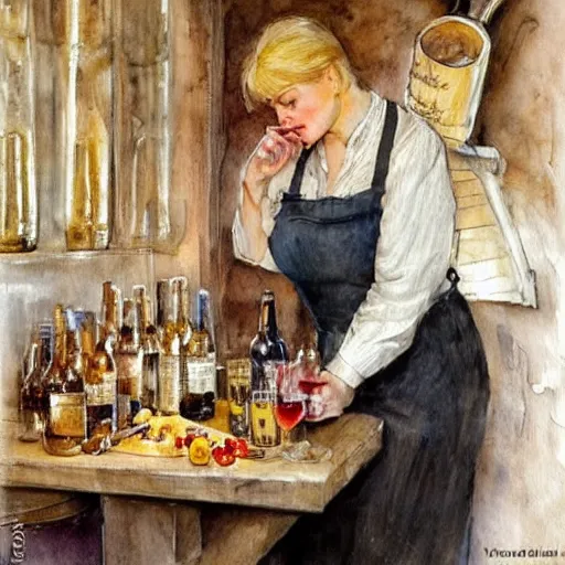 Image similar to hot blonde working in a wine cellar, food, pork, beer, schnapps, rustic, traditional, torches on the wall, watercolor by vladimir volegov and carl larsson