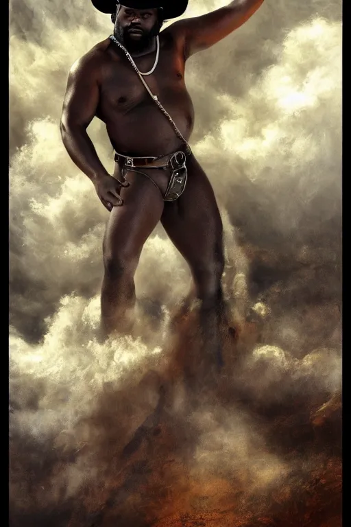 Prompt: a beautiful dramatic epic painting of a thicc black man | he is shirtless and wearing a cowboy hat and leather harness | background is a dust cloud | homoerotic, highly detailed, dramatic lighting | by Mark Maggiori, by William Herbert Dunton, by Charles Marion Russell | trending on artstation