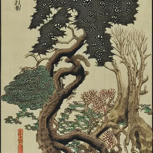 Prompt: a japanese woodcut, lush forest, rain falling, river flowing, ernst haeckel, moebius, scroll