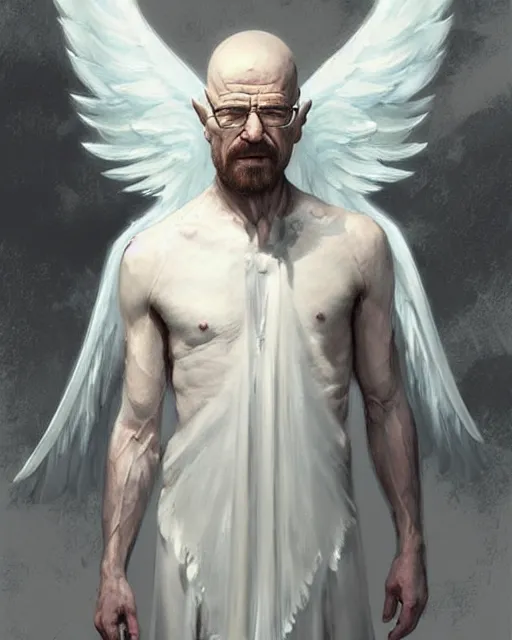 Image similar to walter white winged angel, male!!!!!!!, long white hair, by daniel gerhartz, trending on artstation