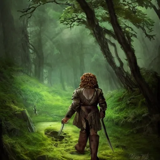 Prompt: a clean shaven rugged warrior hobbit in leather armor with very short hair and a dark green cloak and dark green hood and his pet dragon hiking through the forest, trending on artstation, realistic, detailed, by Tony Sart