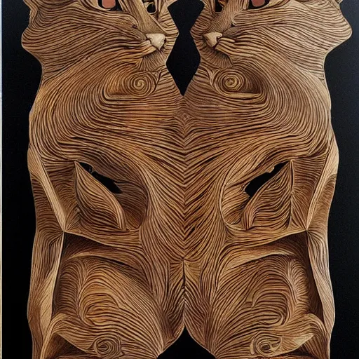 Image similar to kashmire motif of cats dissolving, made of wood, by moebius