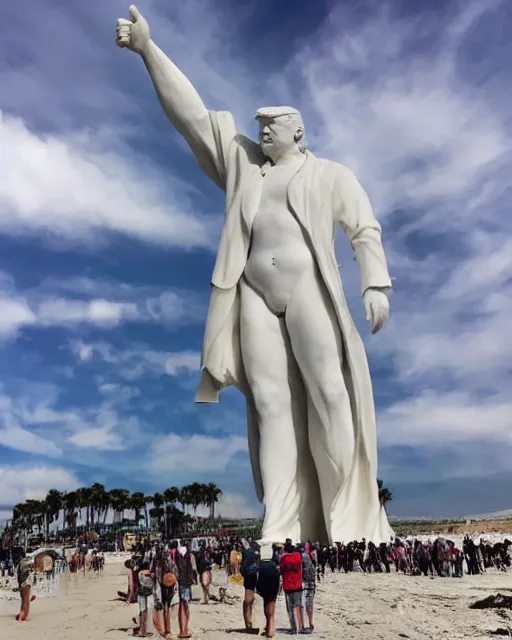 Prompt: a gigantic 400 foot tall white marble statue of president Donald trump giving his thumbs up sign, dwarfs onlookers on a beach, cinematic, post apocalyptic