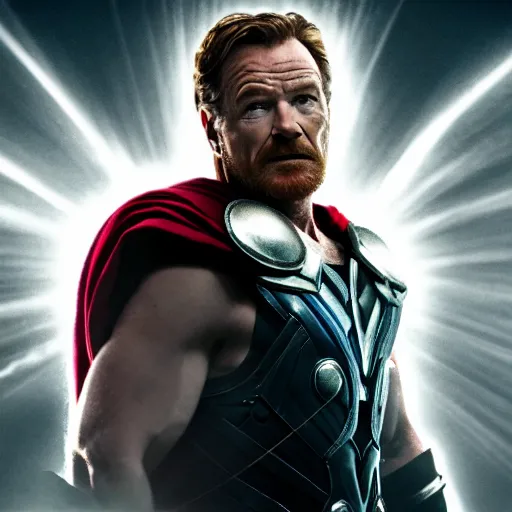 Prompt: bryan cranston as thor, cinematic lighting, hd 4k photo