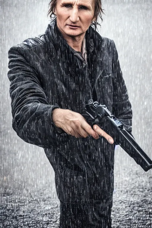 Prompt: professional portrait of Liam Neeson in the rain