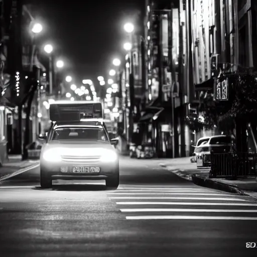 Image similar to a car bu driving down a street next to small buildings the night, XF IQ4, f/1.4, ISO 3200, 1/10s, 8K, RAW, unedited, symmetrical balance, in-frame, sharpened