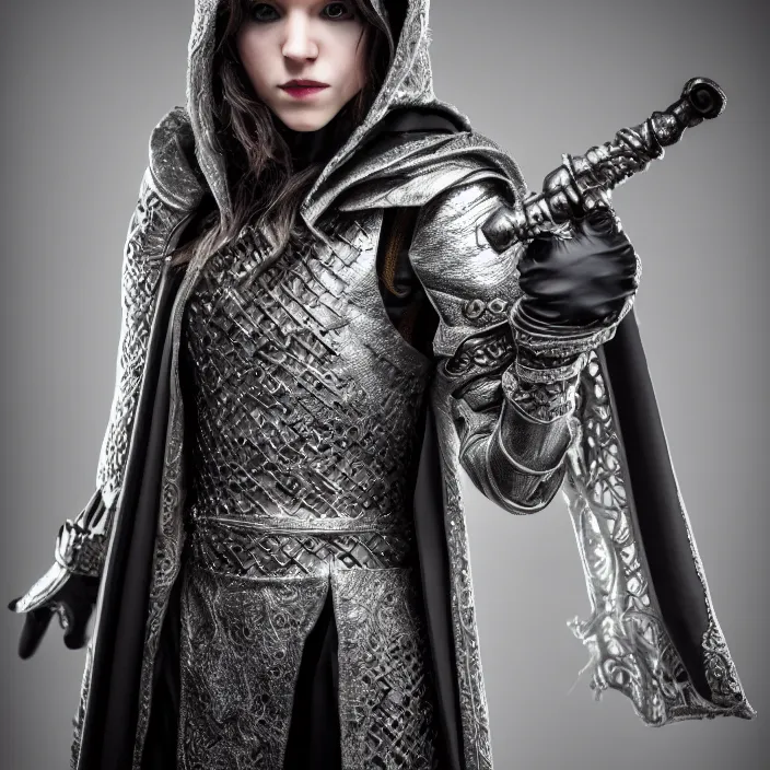 Prompt: photograph of a real-life beautiful rogue with ornate silver cloak. Extremely detailed. 8k