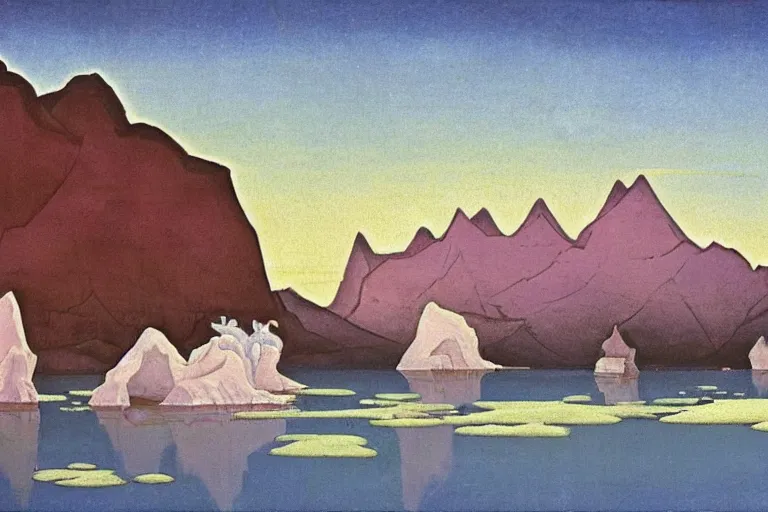 Image similar to an oriental palace made of immaculate white stones planted at the edge of a waterless ocean under a twilight light, blue sky without clouds, people angling at the edge, crystalline rock, pastel shades, style of nicholas roerich, mountains made of sharp crystal that emit light