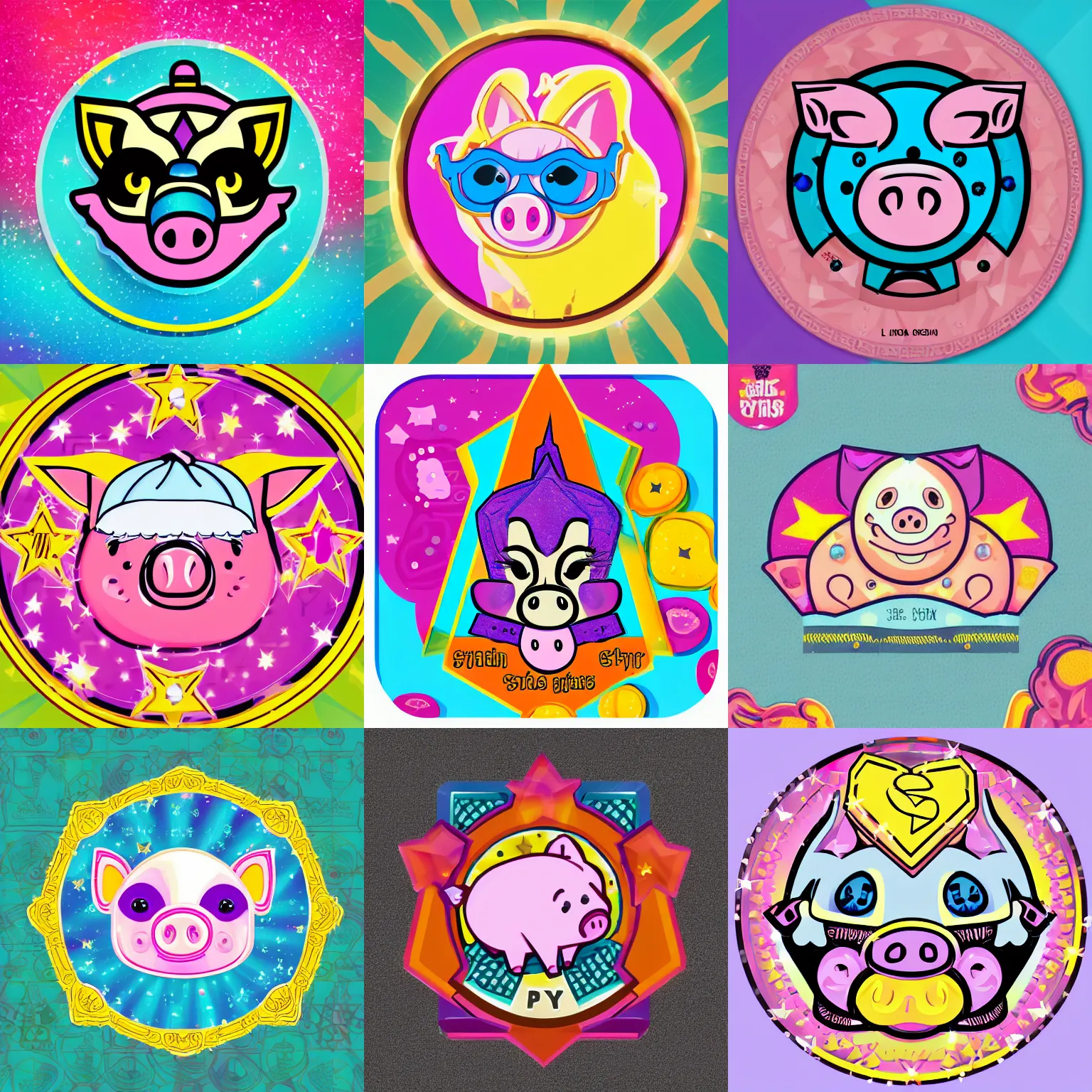 Image similar to 🐷 🤑 ☭ 🌟 🌠 paypig icon designed by lisa frank, vector graphics forum badge, svg, symmetrical, transparent background, cute, metal, enamel, cloissonne, vintage, guilloche, gem stones, gilt, swarovski