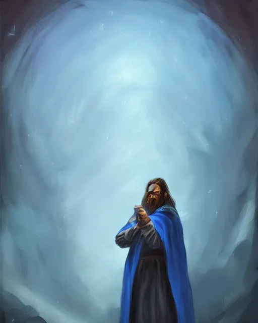 Image similar to Hyper realistic painting of a wizard in a blue robe, by Anato Finnstark, detailed, beautiful, trending on artstation