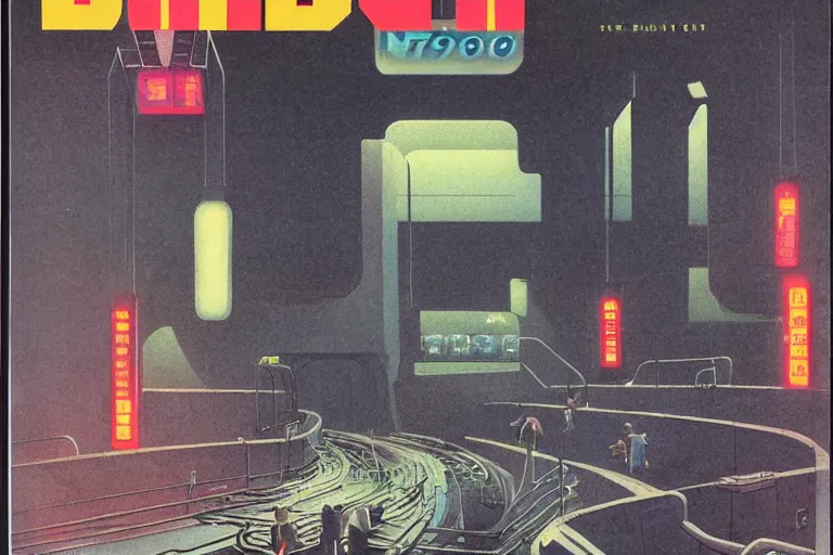 Image similar to 1979 OMNI Magazine Cover focused on a ladder to a dark subway tunnel. In the background are far off views of neo-Tokyo outskirts in cyberpunk style by Vincent Di Fate